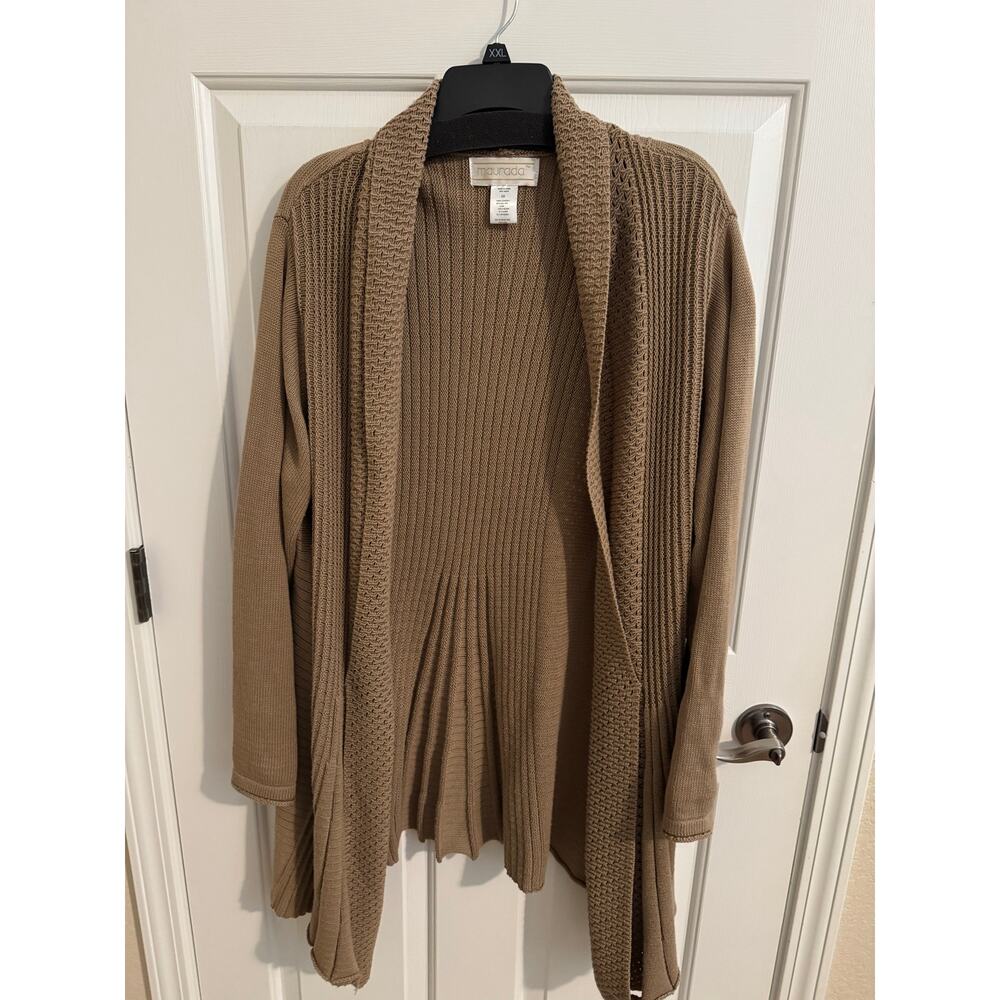 Maurada Vintage Drape Front Long Cardigan Cotton Blend Stretch Taupe Tan 2X